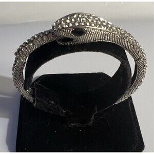 Silver Tone Snake Wrap Hinged Bangle Bracelet Clear Rhinestone Pavé